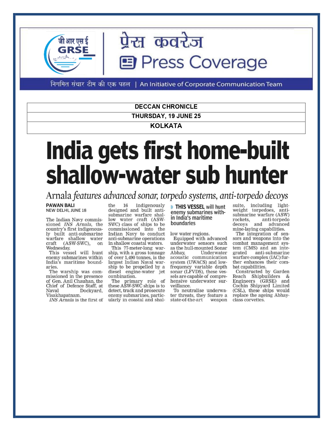 Press Coverage : CMD,GRSE conferred on CMA's Management Excellence Award 2025  